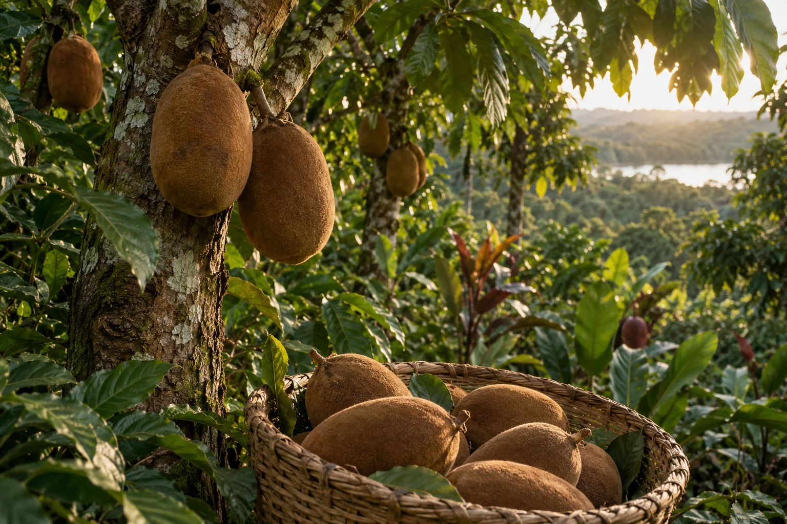 Frutos de copoazú en un entorno agroforestal amazónico · imagen generada ilustrativa