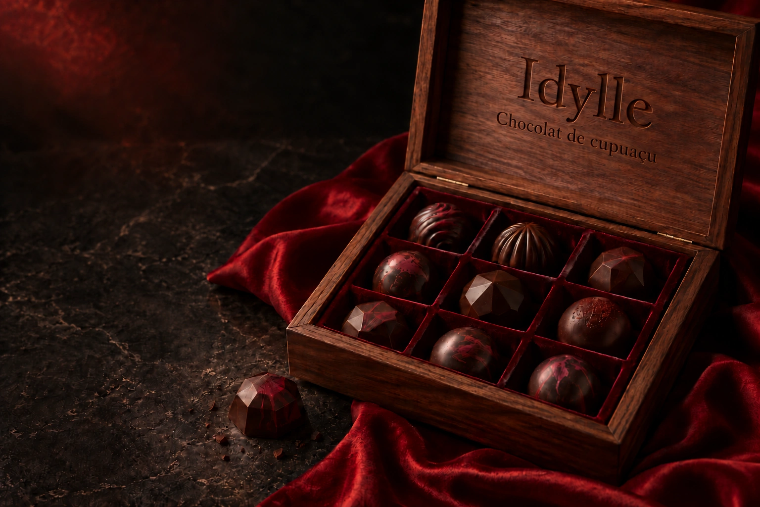 Caja de madera tallada Idylle con la inscripción Chocolat de cupuaçu, bombones de copoazú y terciopelo rojo
